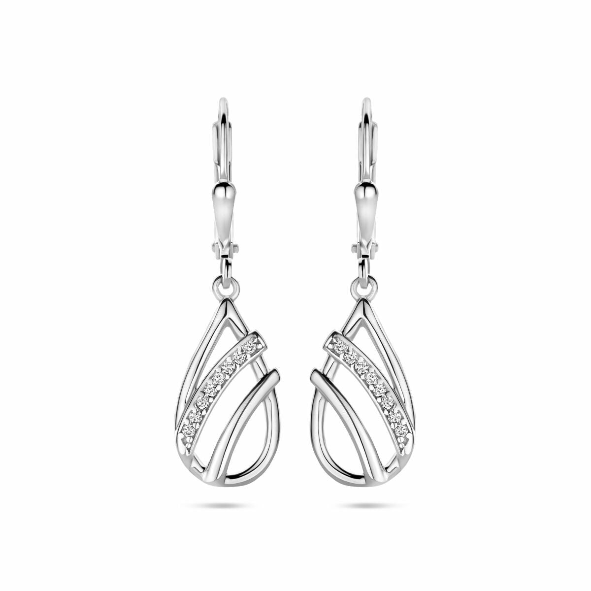 Boucles d'oreilles en argent rhodié en forme de goutte avec zirconia, d'une longueur de 33 mm.