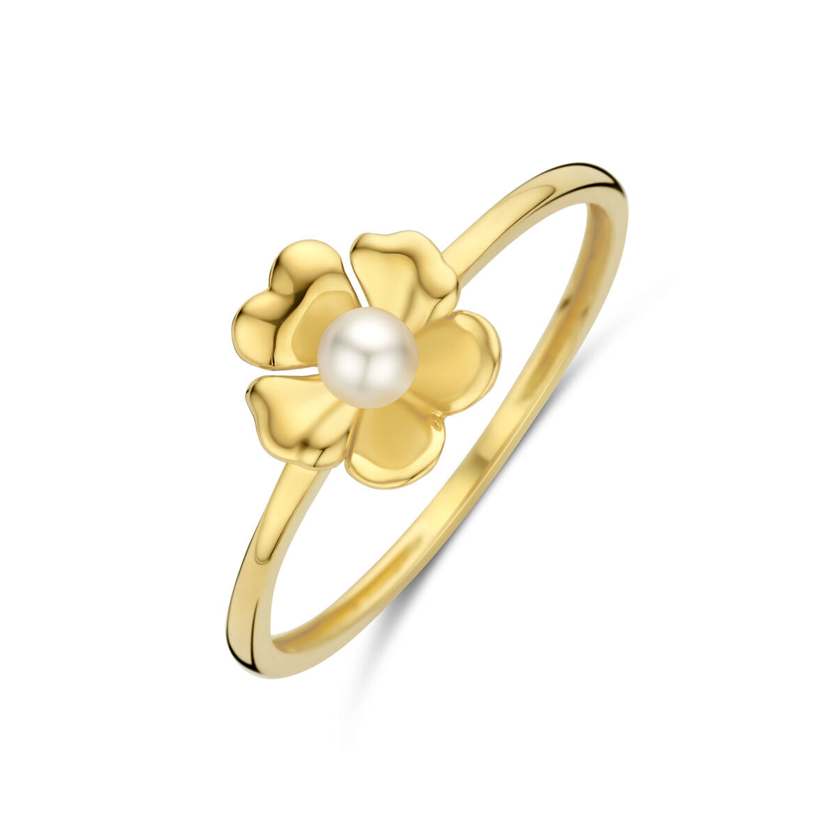 De Van der Kooij Collectie ring bloem parel 14K geelgoud heeft een bloemvormig ontwerp met vijf bloemblaadjes en een kleine zoetwaterparel in het midden, afgebeeld op een effen witte achtergrond.