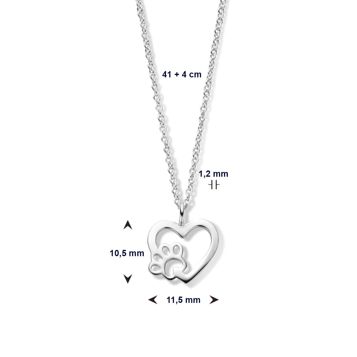 collier cœur patte de chien 41 + 4 cm argent rhodié