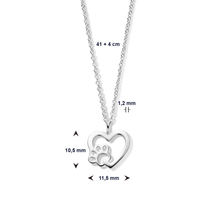 collier hart hondenpoot 41 + 4 cm zilver gerhodineerd