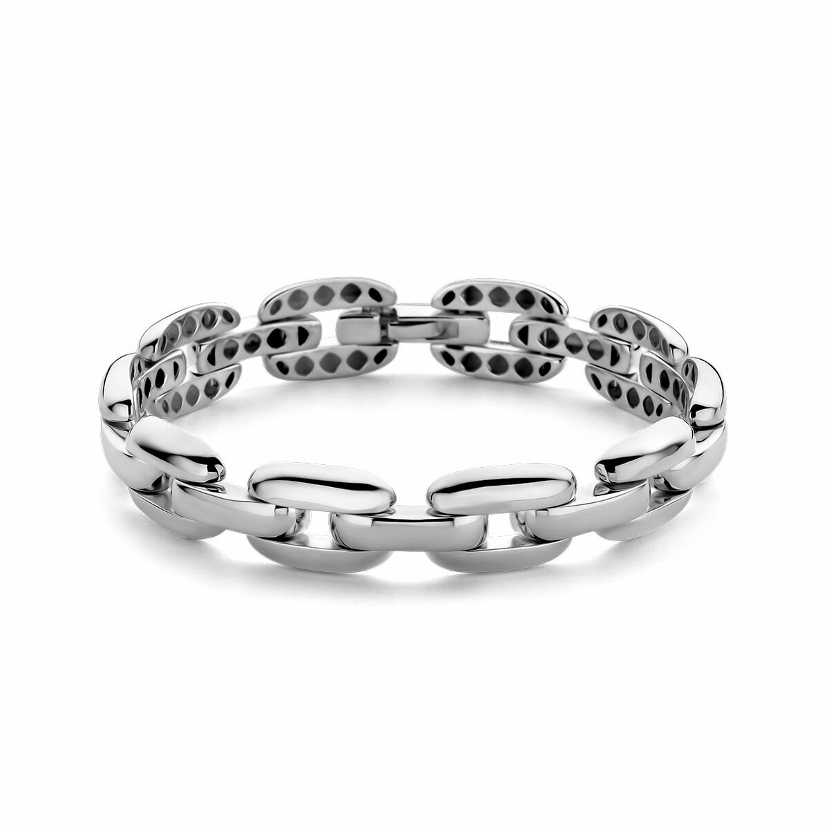 Bracelet argenté rhodié avec maillons ovales et détails perforés.