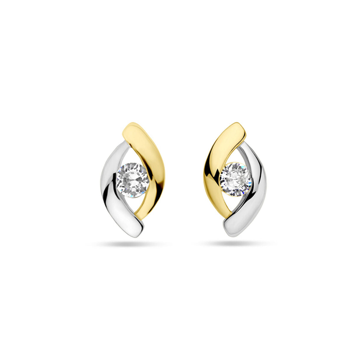 Boucles d'oreilles en argent doré avec zirconia, design en deux tons, forme ondulée.