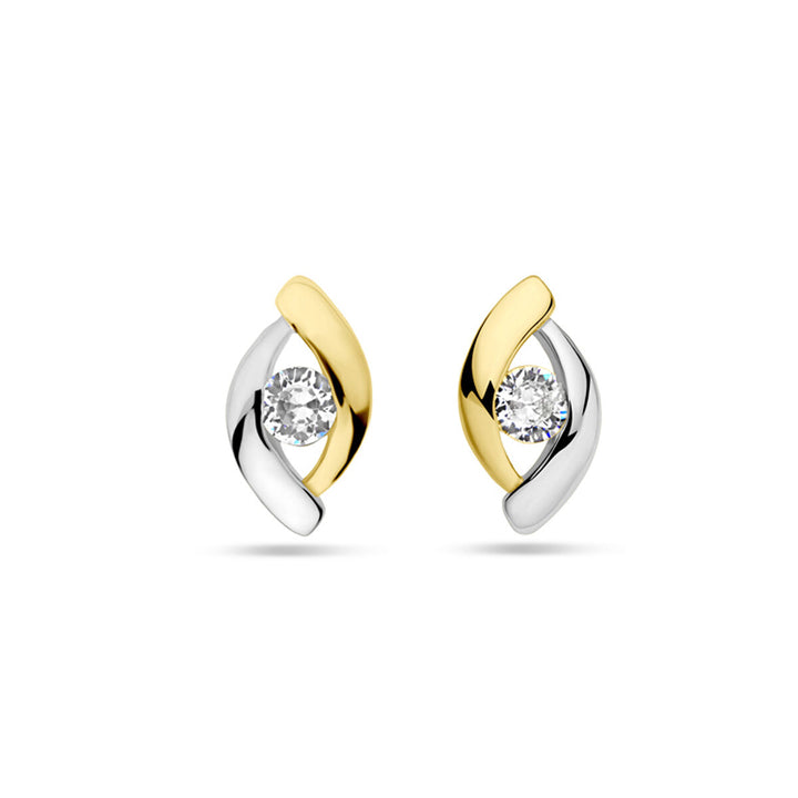 Een paar oorknoppen zirkonia 1 micron zilver verguld (geel/rhodium) van Van der Kooij Collectie, met ronde zirkonia tussen gebogen gouden en zilveren accenten, weergegeven op een witte achtergrond.
