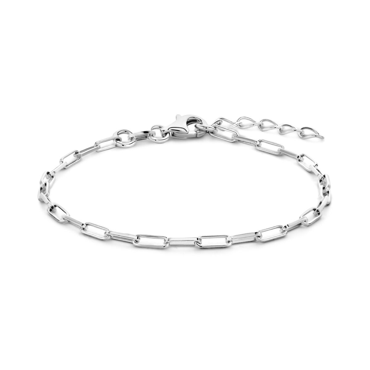 Bracelet en argent rhodié avec maillons en forme de tube carré, longueur de 15,5 cm + 2,5 cm d'extension.