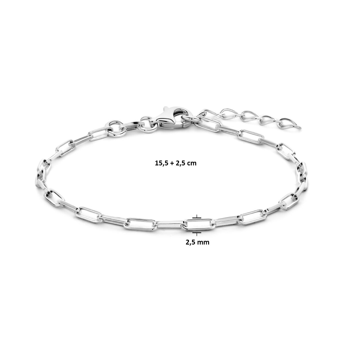 bracelet paperclip tube carré 2,3 mm 15,5 + 2,5 cm argent rhodié
