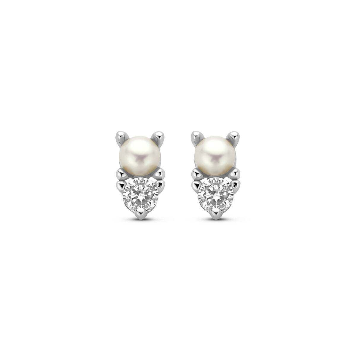 Boucles d'oreilles en argent rhodié avec perles et zircons.