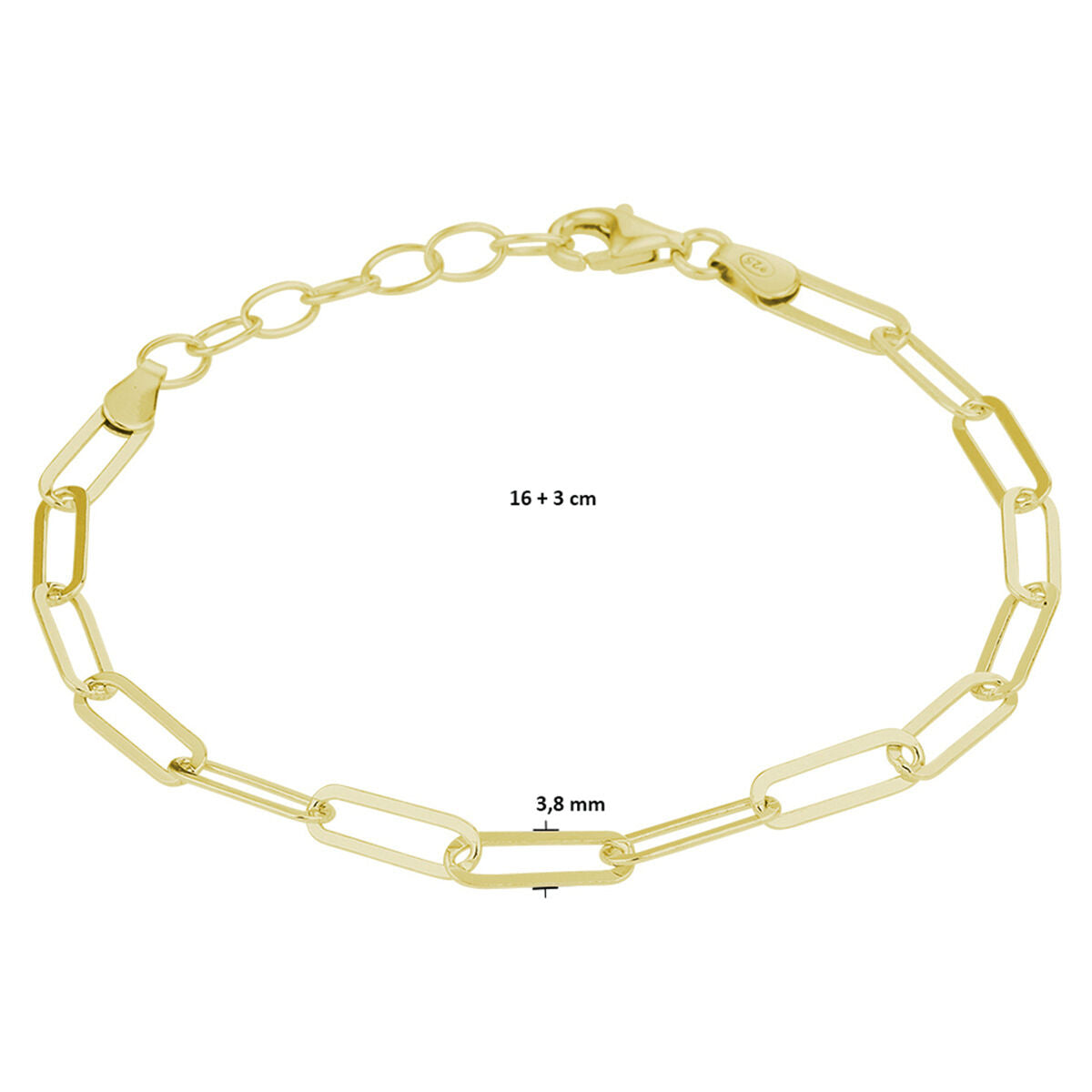 De armband paperclip 3,8 mm 16 + 3 cm van Van der Kooij Collectie is geel zilver verguld (3 micron), met langwerpige ovale schakels, karabijn sluiting en verstelbare verlenging. Gepresenteerd op een witte achtergrond.