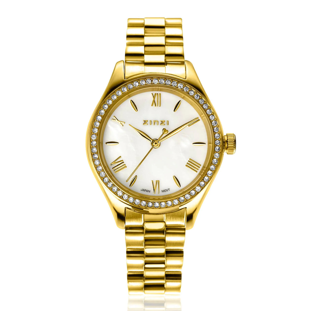 Montre dorée en acier avec cadran blanc et cristaux autour du boîtier.