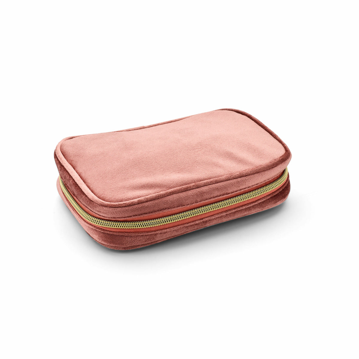 Boîte à bijoux rose, compacte et élégante, avec une fermeture éclair et un design lisse.