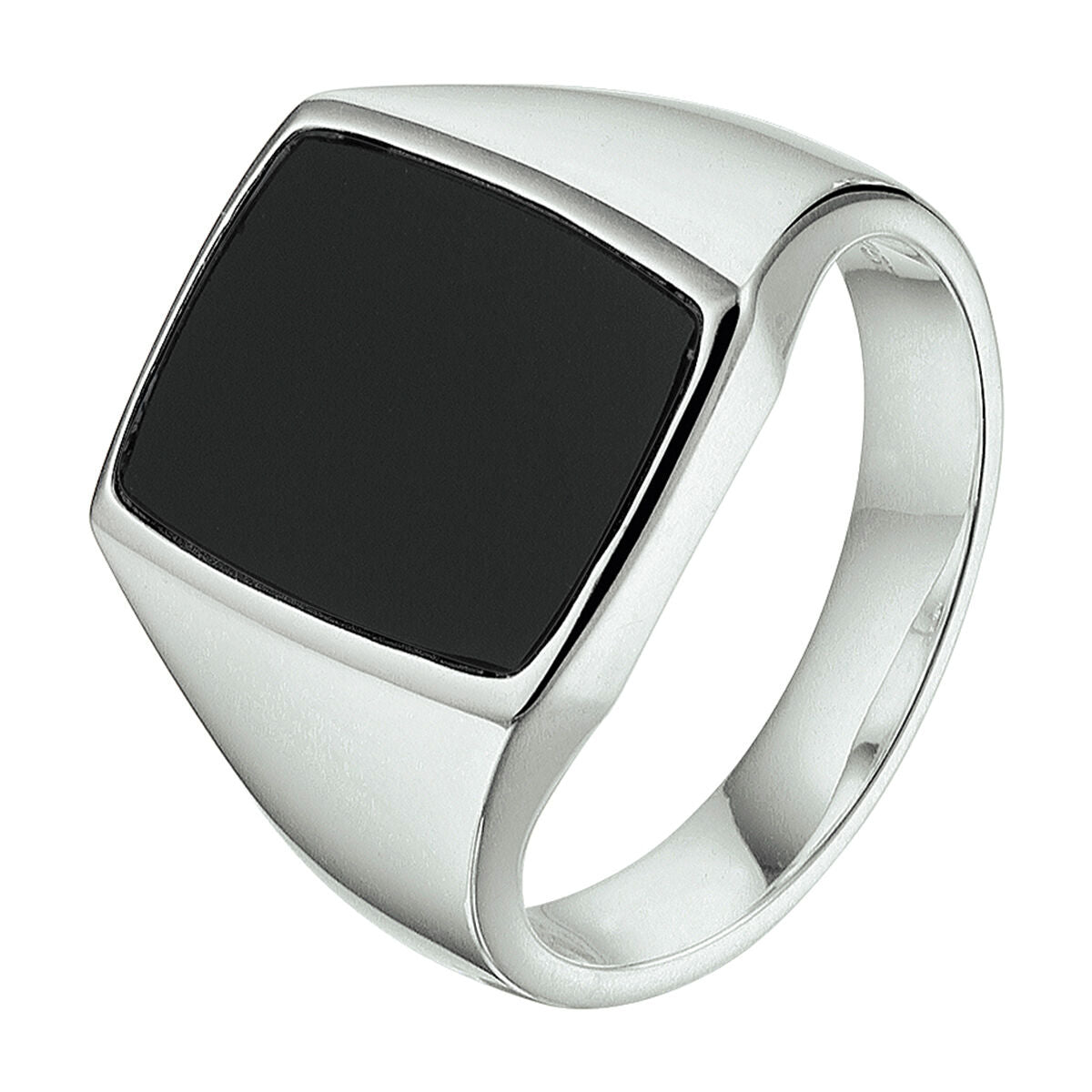Bague chevalière en argent rhodié avec une pierre d'onyx noire.