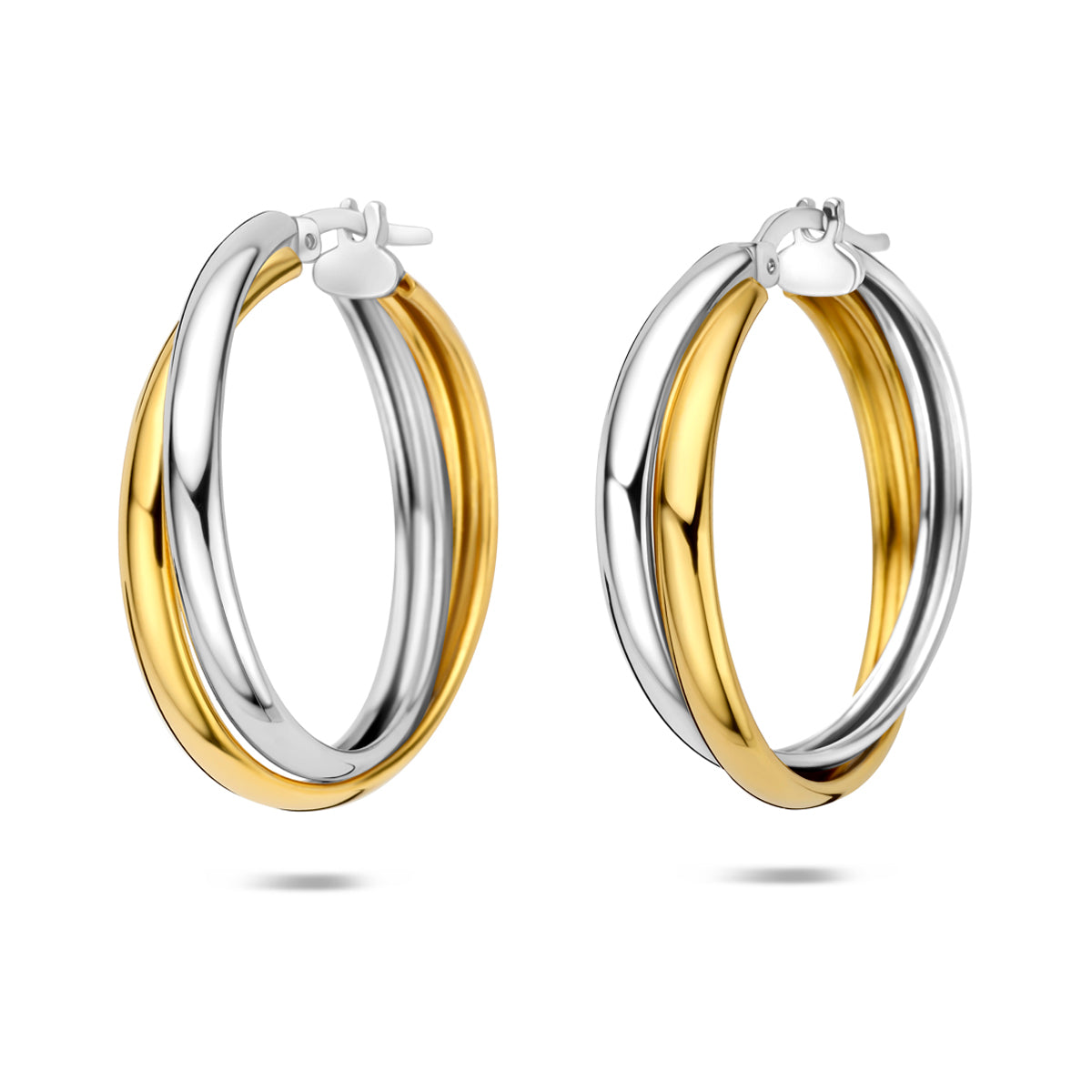 Boucles d'oreilles bicolores en argent 925, avec une finition brillante et des anneaux entrelacés dorés et argentés.