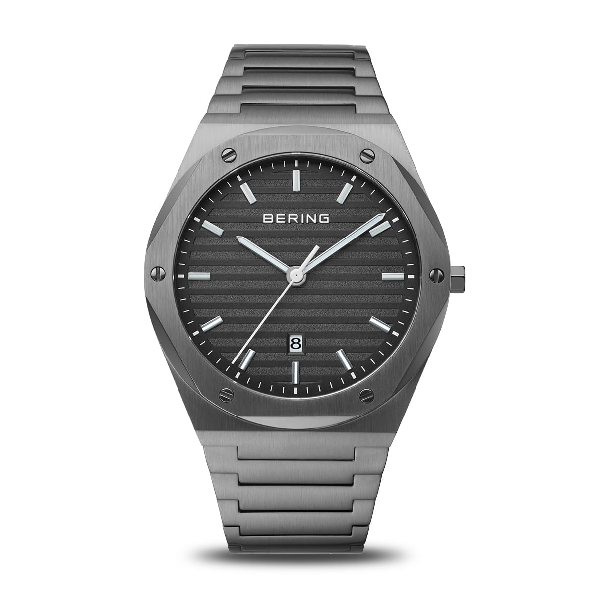 Montre pour homme avec cadran gris, boîtier et bracelet en acier inoxydable, design moderne.