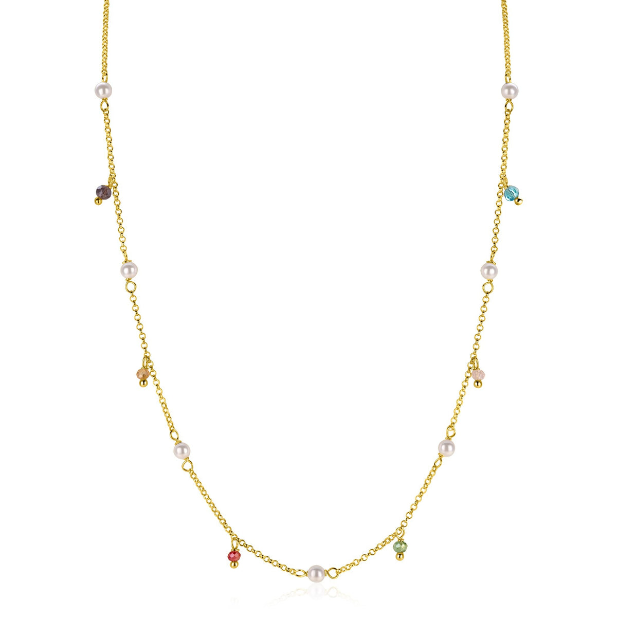 Collier doré en argent avec des perles et des pendentifs colorés.