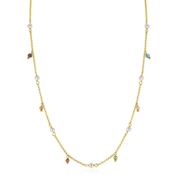 De ZINZI vergulde zilveren ketting ZIC2705G van Zinzi heeft een delicate vergulde ketting versierd met kleine witte parels en kleurrijke edelsteen bedels gelijkmatig verdeeld over de ketting.