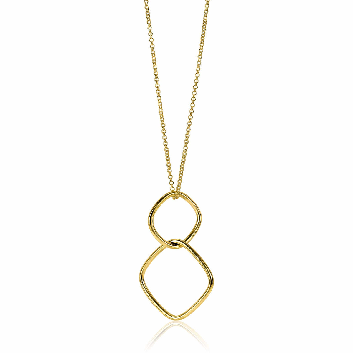 Collier doré avec un pendentif en forme de deux maillons entrelacés.