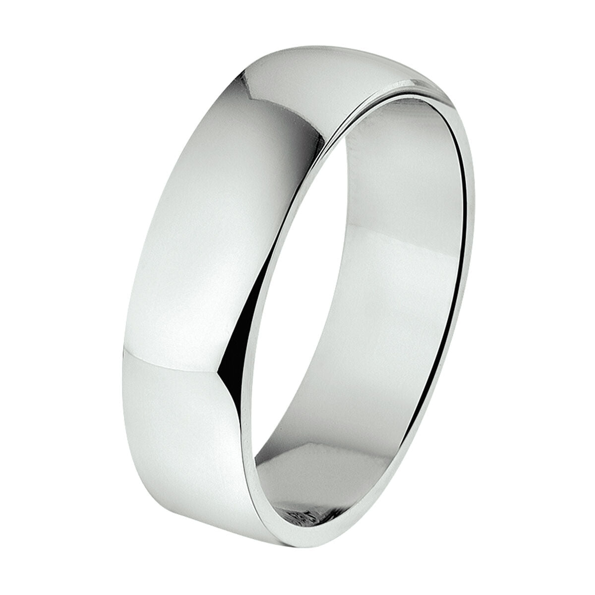 Bague en argent rhodié, lisse et brillante, de 6 mm de largeur.
