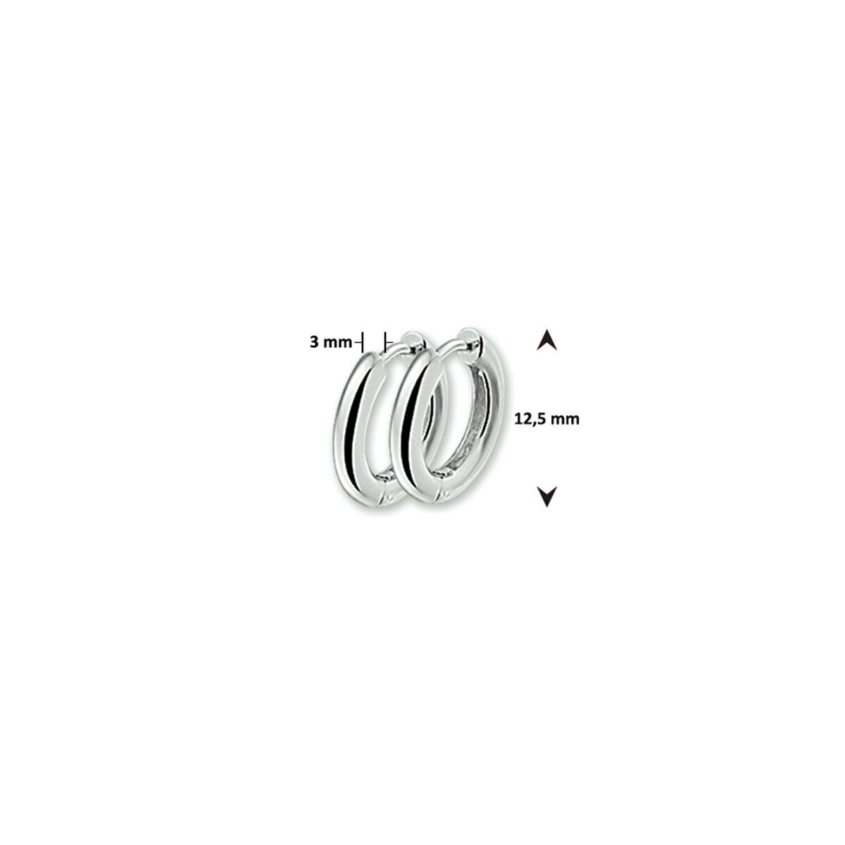Een paar kleine klapoorringen bol van Van der Kooij Collectie, 3 mm dik en 12,5 mm in diameter, gemaakt van gegerhodineerd zilver, afgebeeld op een witte achtergrond met gemarkeerde afmetingen.