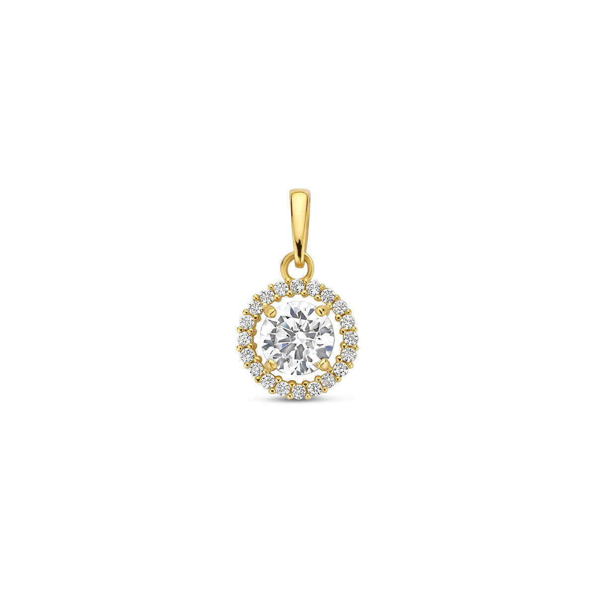 Pendentif en or jaune 9 carats avec zircons, orné d'un cercle de pierres scintillantes.