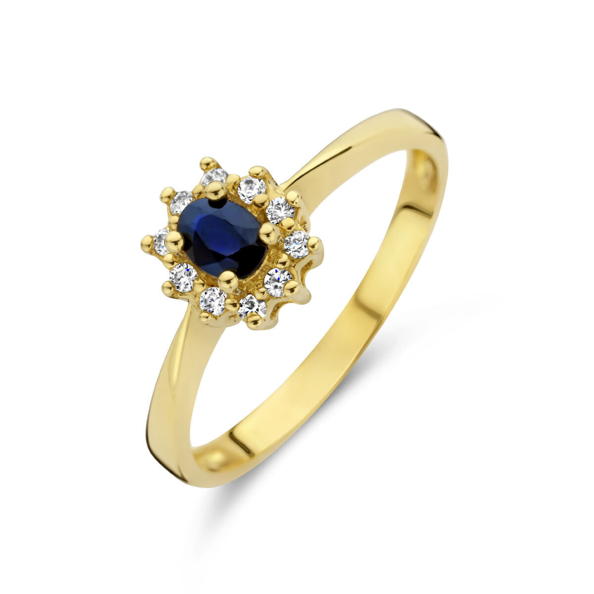 De Van der Kooij Collectie ring saffier en diamant 0.08ct h p1 halo 14K geelgoud heeft een centrale donkerblauwe saffier omringd door een halo van witte diamanten, getoond op een witte achtergrond.