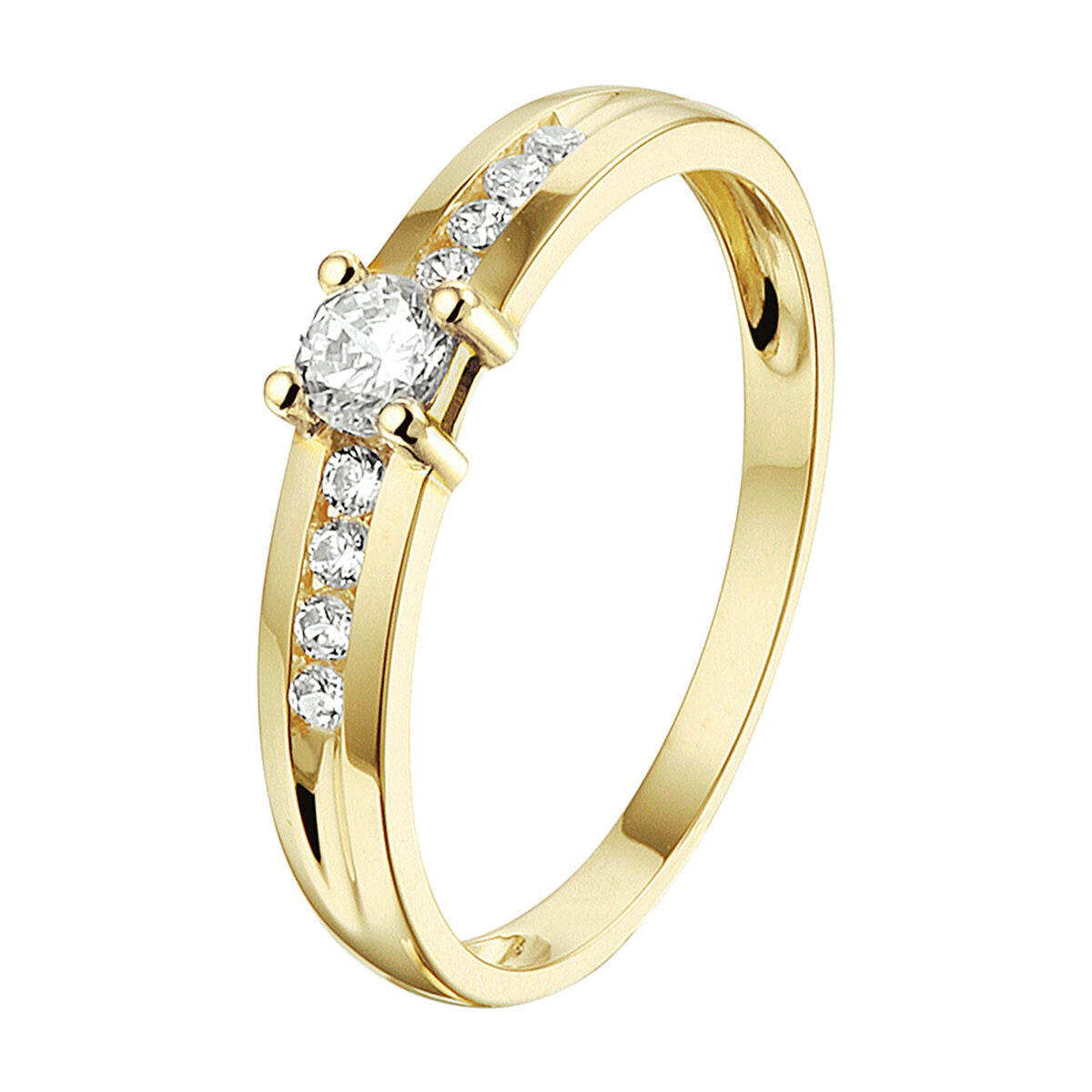 Bague en or jaune 14K ornée d'un zirconium central et de plusieurs zirconiums sur le côté.