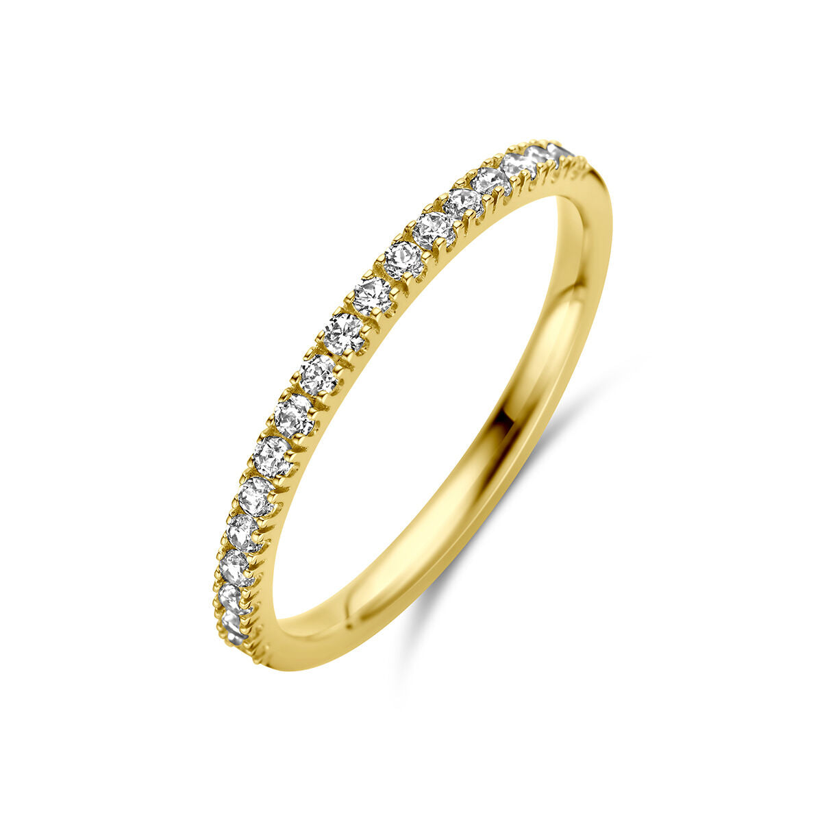 Bague en or jaune 14K ornée de zirconiums, avec un design fin et élégant.