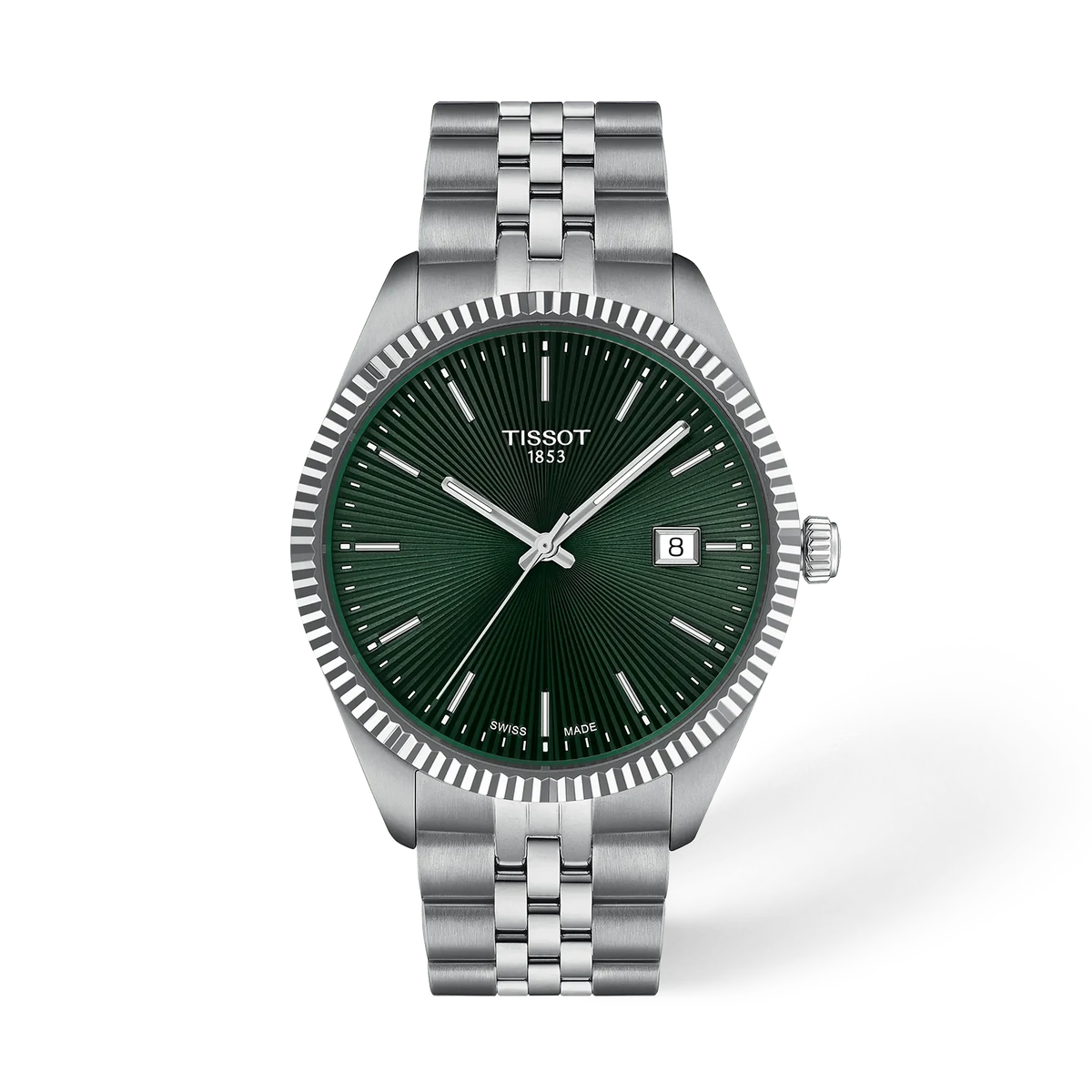 Montre Tissot avec cadran vert, boîtier en acier inoxydable et bracelet en acier, affichage de la date.