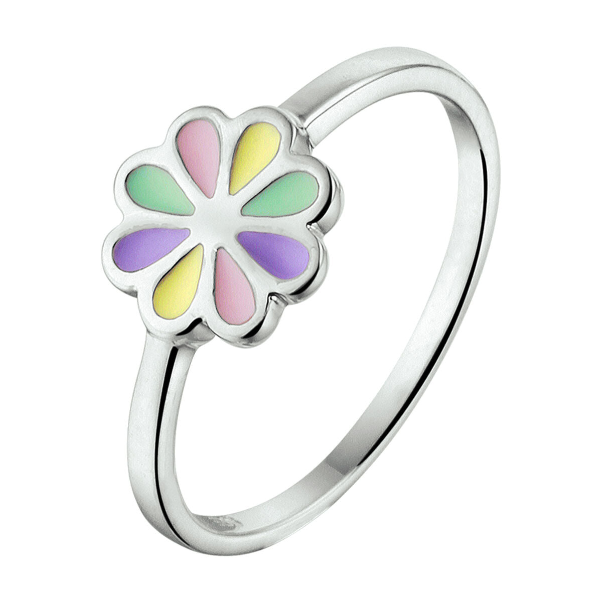 Bague en argent rhodié avec motif floral aux pétales pastel.