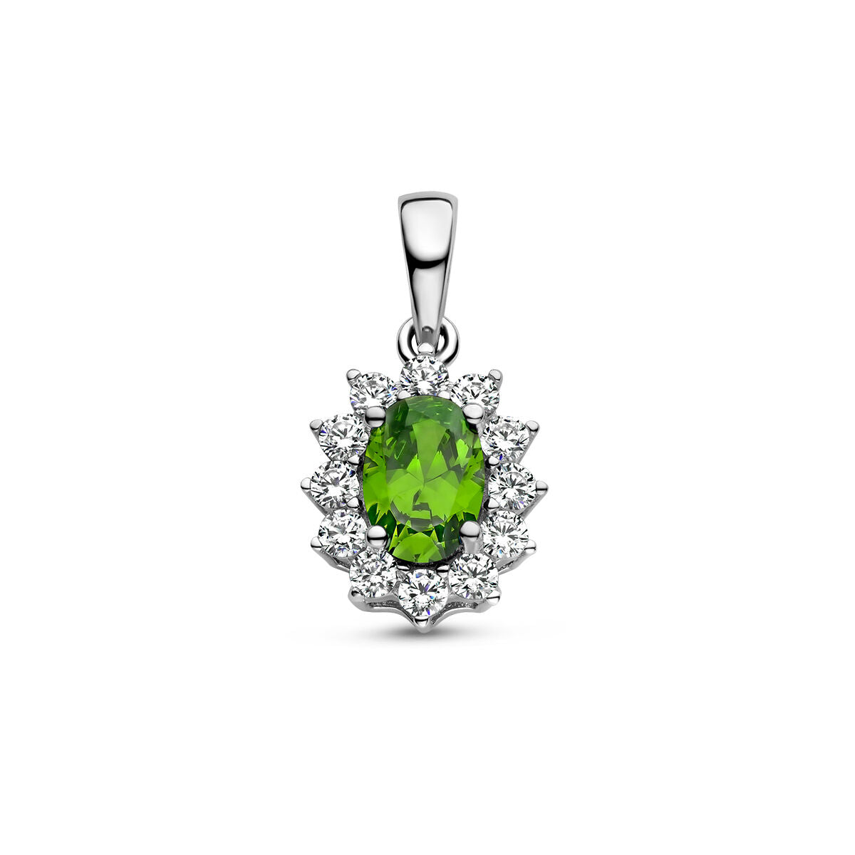 pendentif en argent rhodié avec zirconia vert et blanc en halo.