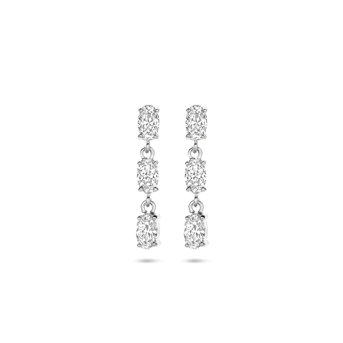 Boucles d'oreilles en argent rhodié avec des zircons, composées de trois pendentifs ovales.