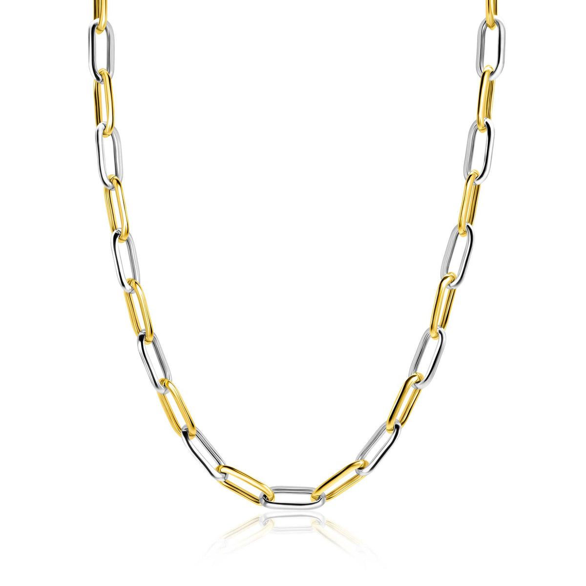 Collier en acier inoxydable avec maillons dorés et argentés, longueur de 45 cm.