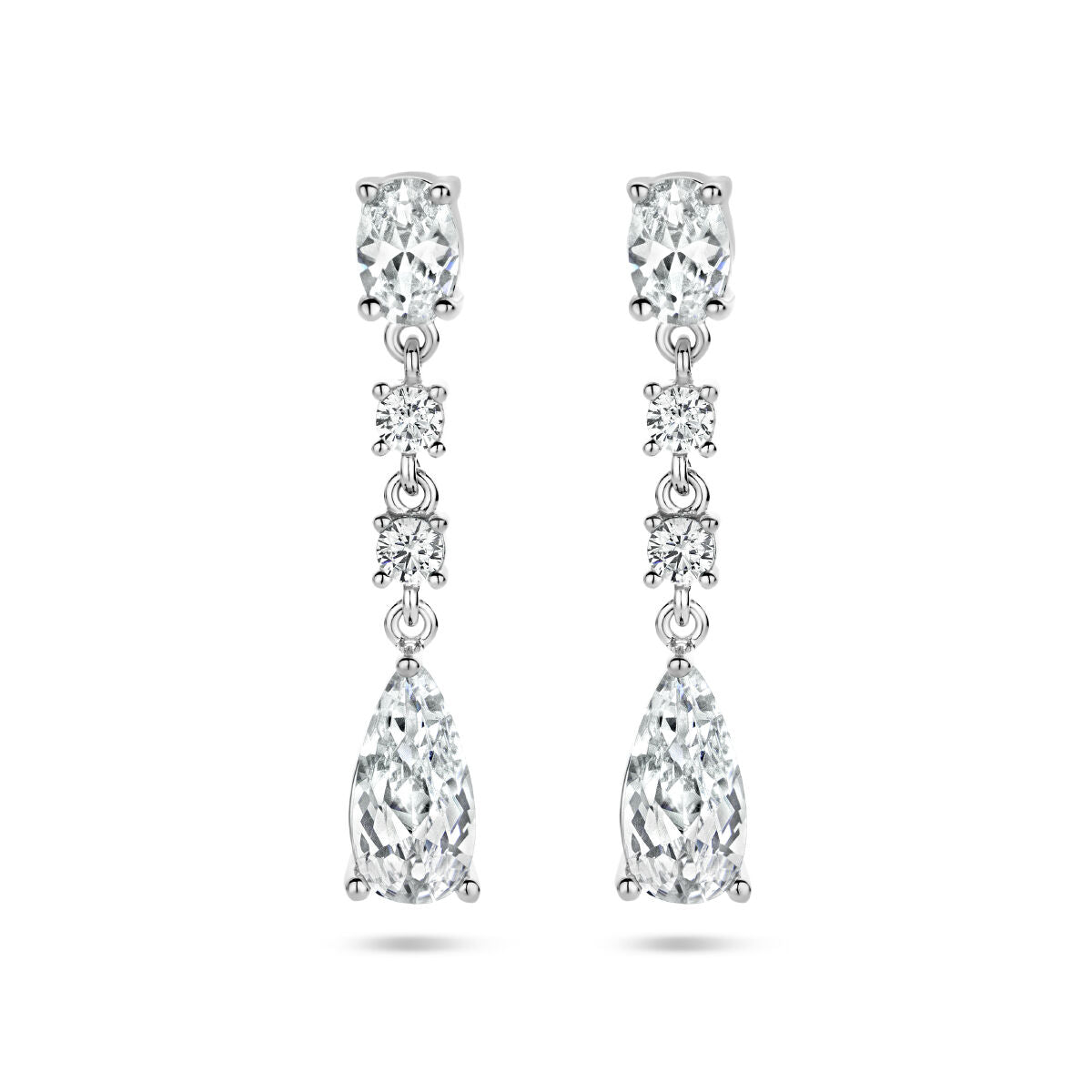 Boucles d'oreilles en argent rhodié ornées de zirconiums, avec des pendentifs en forme de goutte.