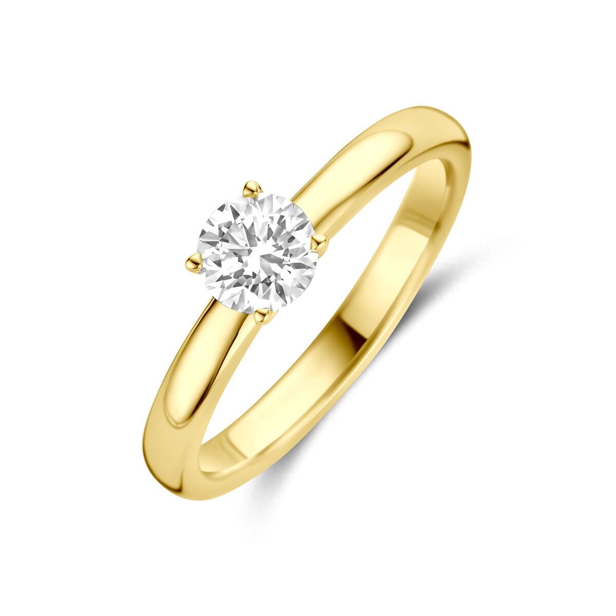 Bague en or jaune 14 carats avec un diamant lab grown, design simple et brillant.