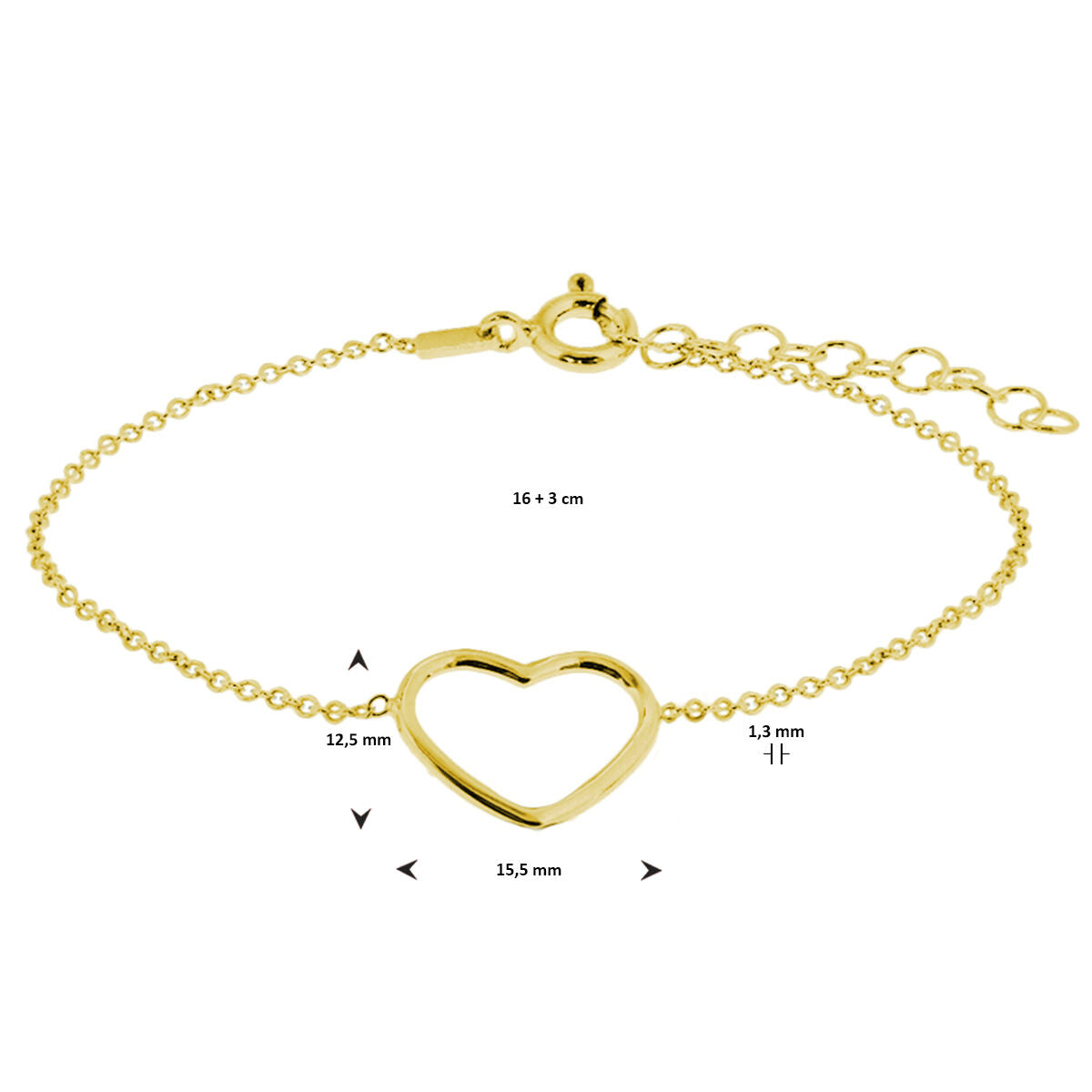 bracelet cœur 16 + 3 cm 3 microns argent plaqué or (jaune)