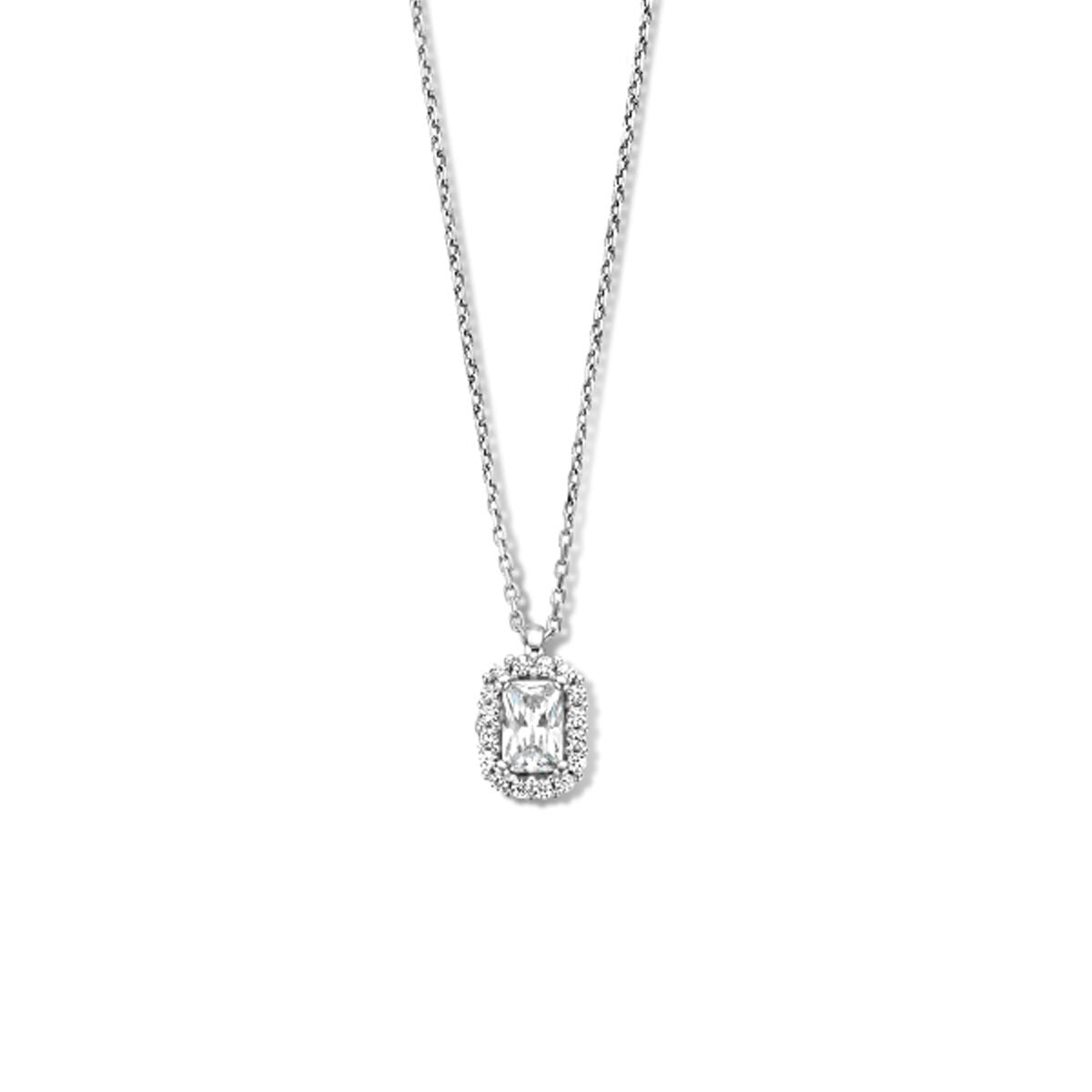 Collier en argent rhodié avec pendentif en zirconia, forme rectangulaire, entouré de petites pierres.