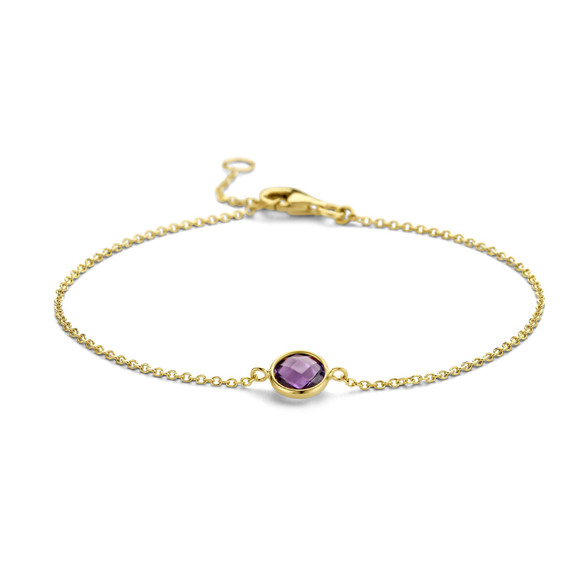 Bracelet en or jaune 14K avec une améthyste ronde au centre.