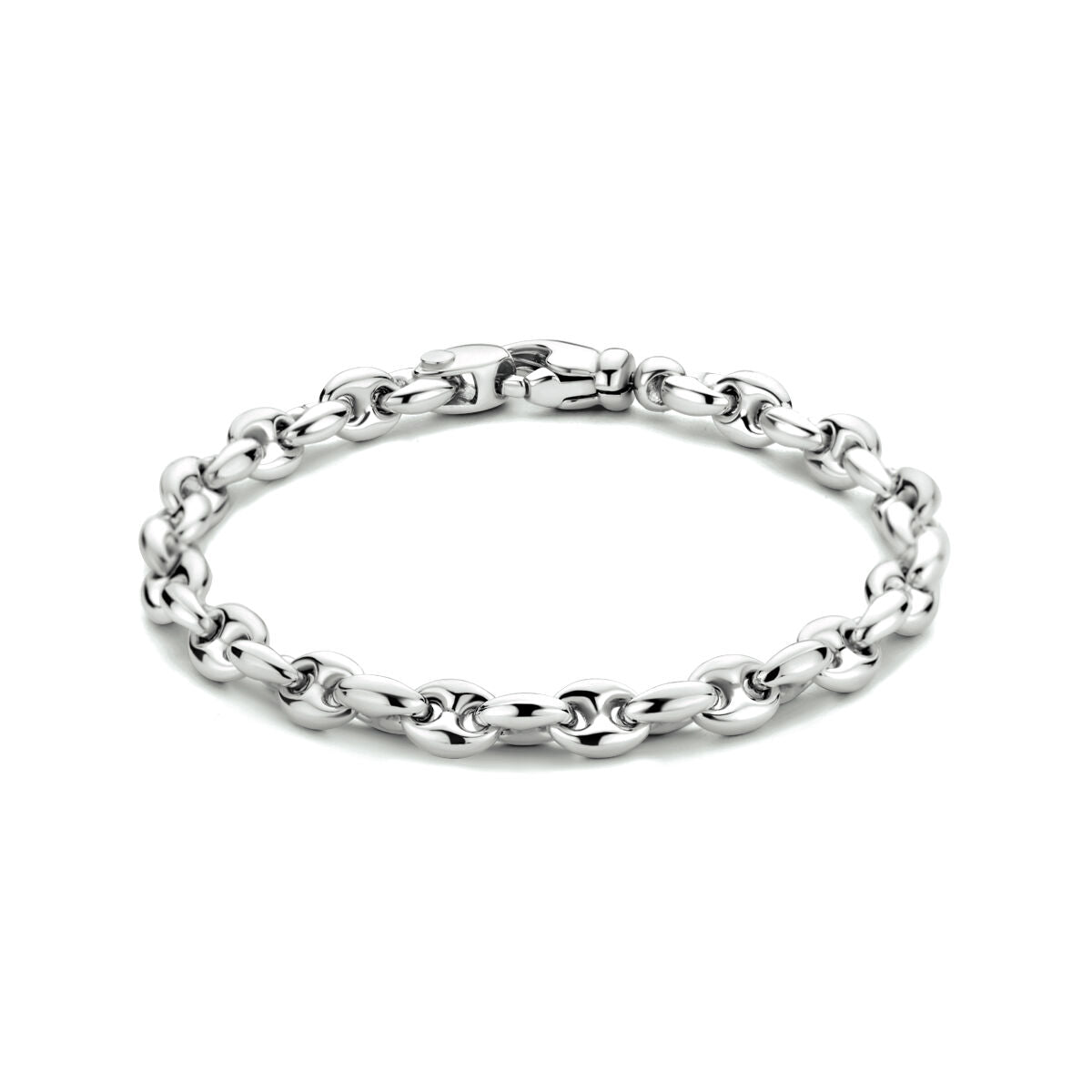 Bracelet en argent rhodié avec des maillons en forme de grain de café, 19 cm de long.