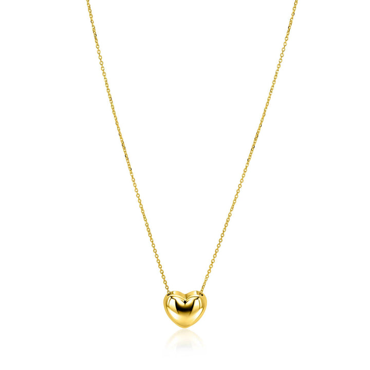 De Zinzi ketting ZIC2672G is een delicate gouden ketting van Zinzi, met een gepolijste, glanzende hartvormige hanger in het midden. Afgebeeld op een effen witte achtergrond.