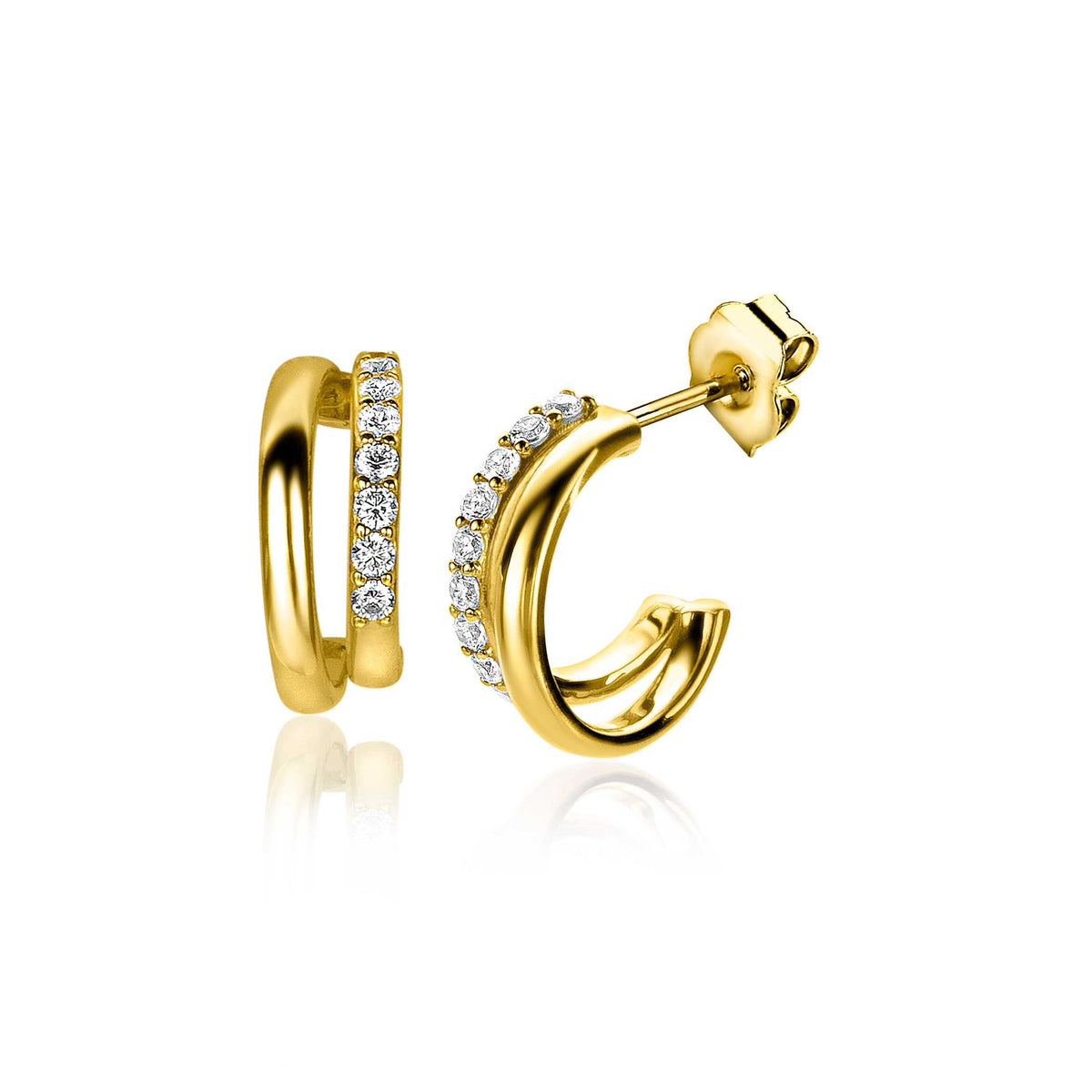 Boucles d'oreilles dorées avec strass, en forme de créoles, finition brillante.