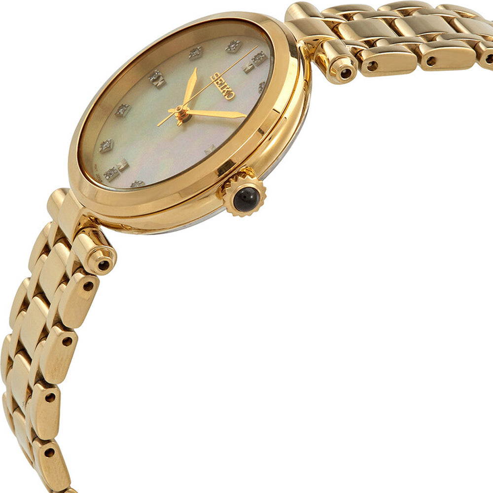 Het Seiko dameshorloge SRZ536P1 is een gouden polshorloge met een ronde wijzerplaat en een schakelband. Het heeft een parelmoeren ontwerp, diamanten uurmarkeringen, gouden wijzers en saffierglas bescherming, aangestuurd door nauwkeurig quartz uurwerk.
