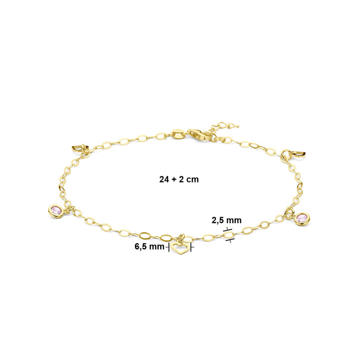 enkelbandje hart en roze zirkonia 24 + 2 cm 3 micron zilver verguld (geel)