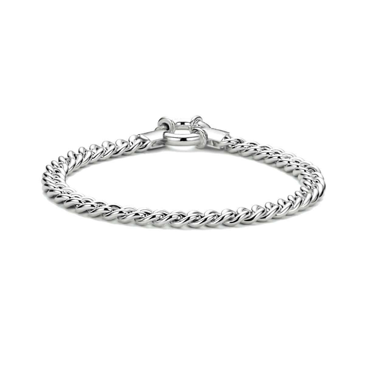 Zilveren gourmette armband van 5,8 mm breed, 19 cm lang, met groot gerhodineerd springslot.