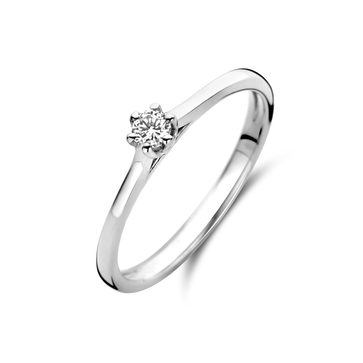 Bague en or blanc 14K avec un diamant de 0,10 ct, design simple et élégant.