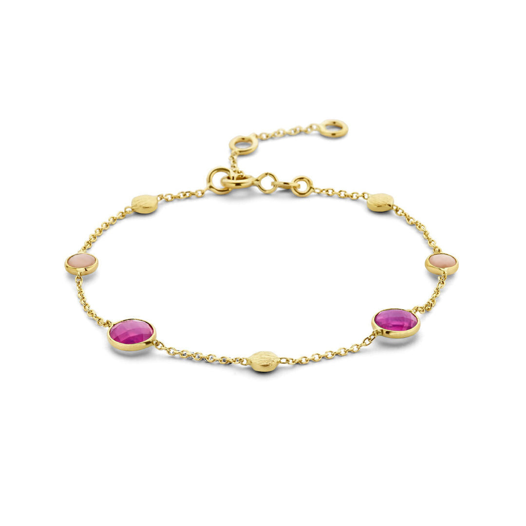 Van der Kooij Collectie gouden armband dames 14K met afwisselend robijn, roze opaal en gouden rondjes, verstelbare sluiting.