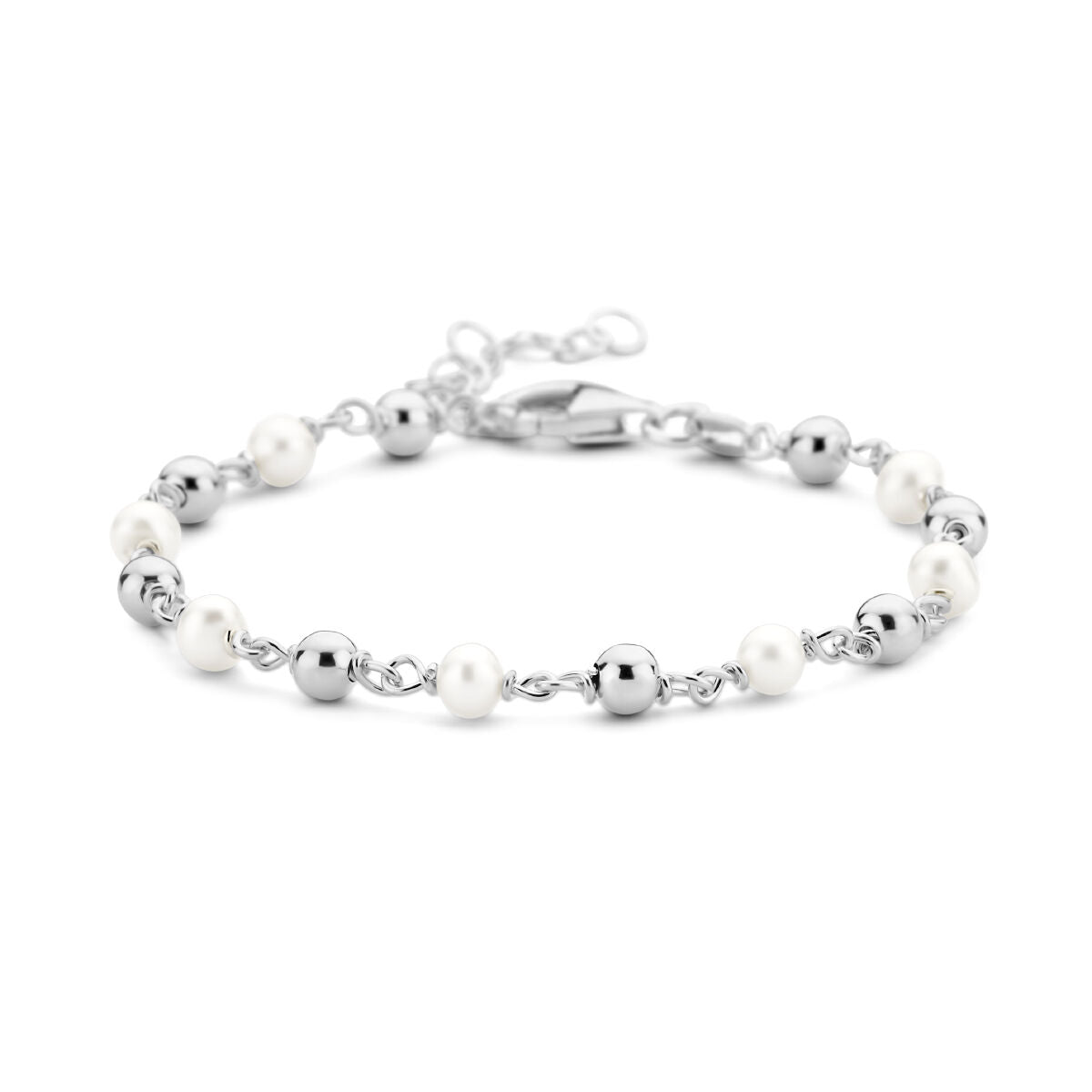 Bracelet en argent rhodié avec perles et billes argentées, longueur 16 + 3 cm.