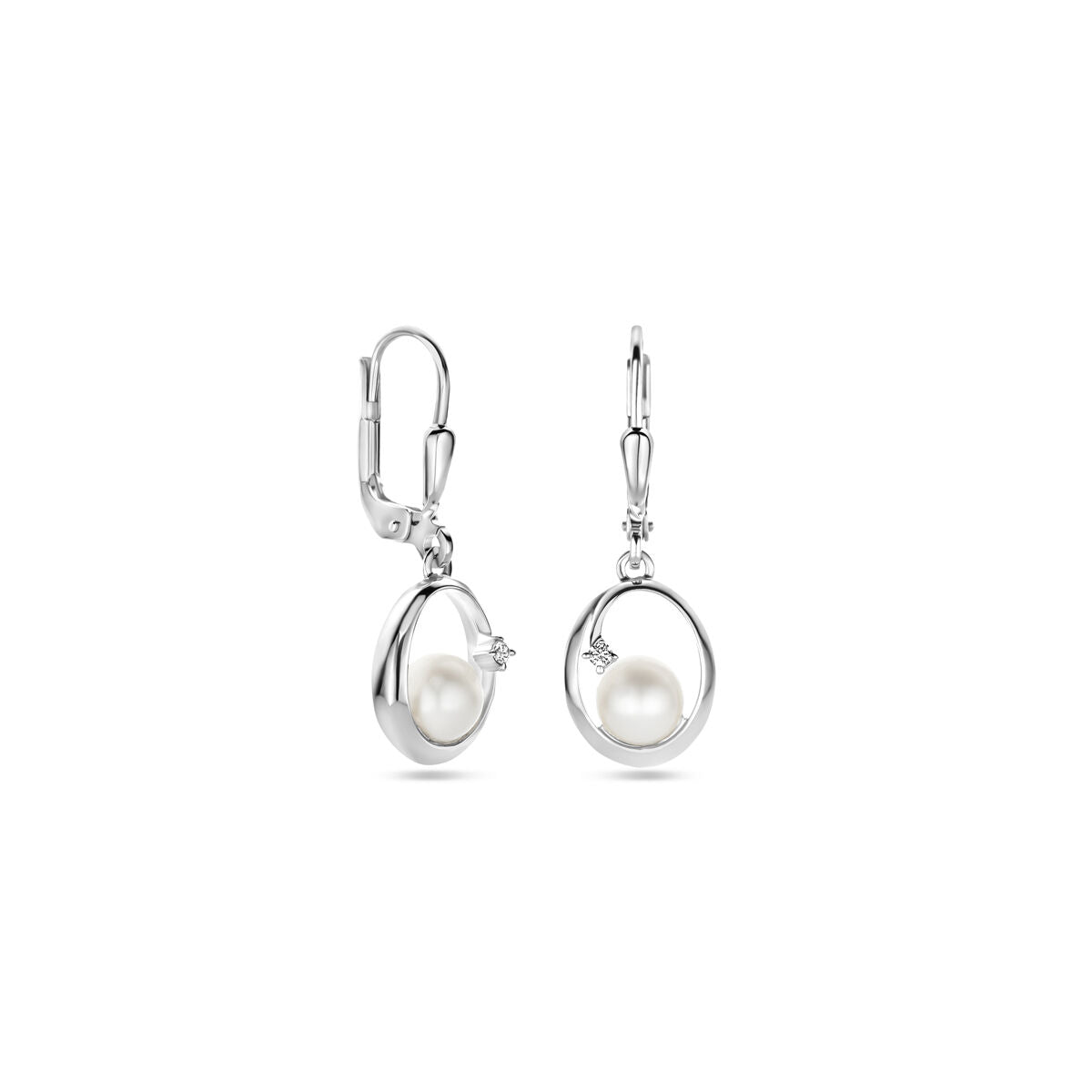 boucles d'oreilles ovales perle et zircone brisur crochet 27 mm argent rhodié