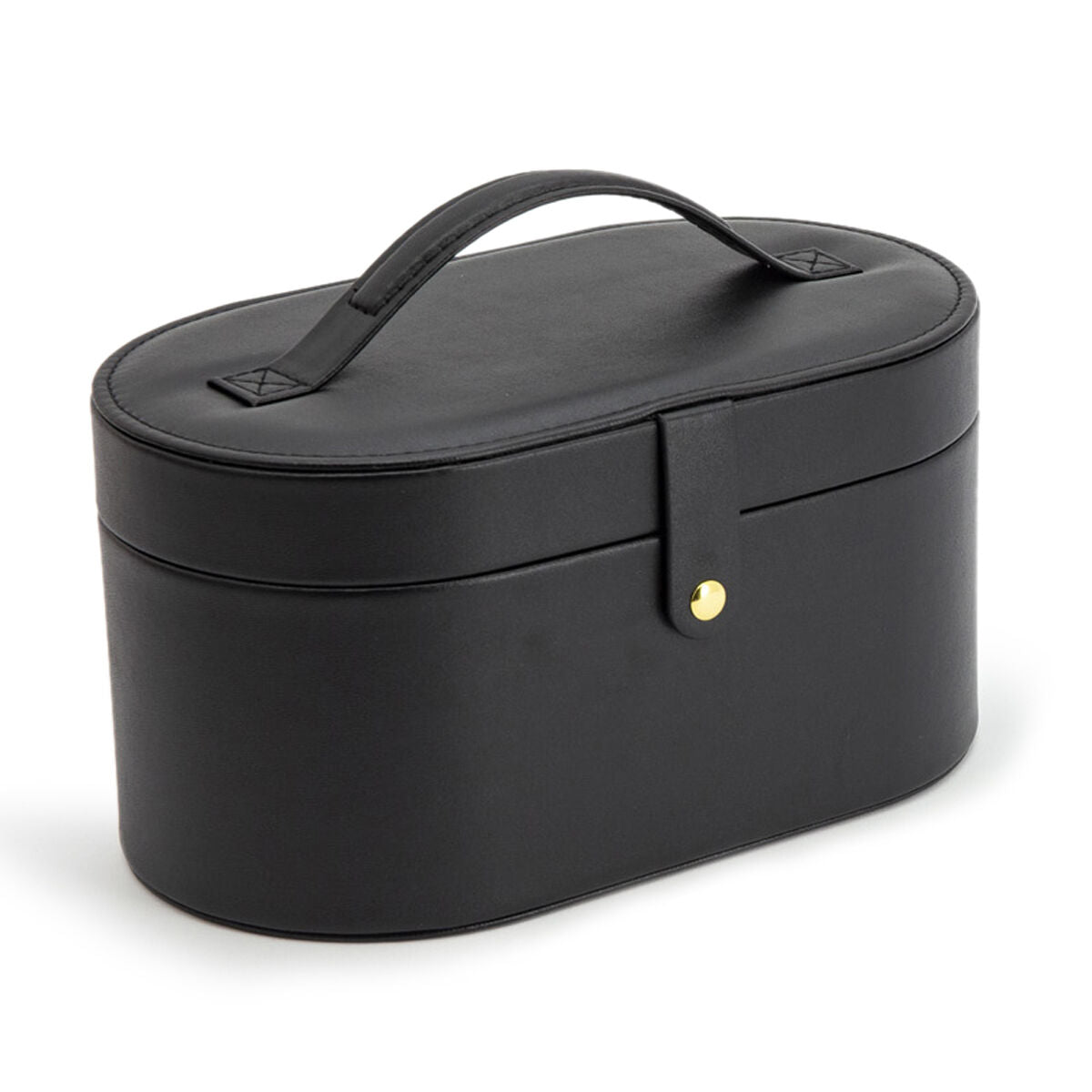 Boîte à bijoux noire en simili cuir avec un couvercle arrondi et une poignée.