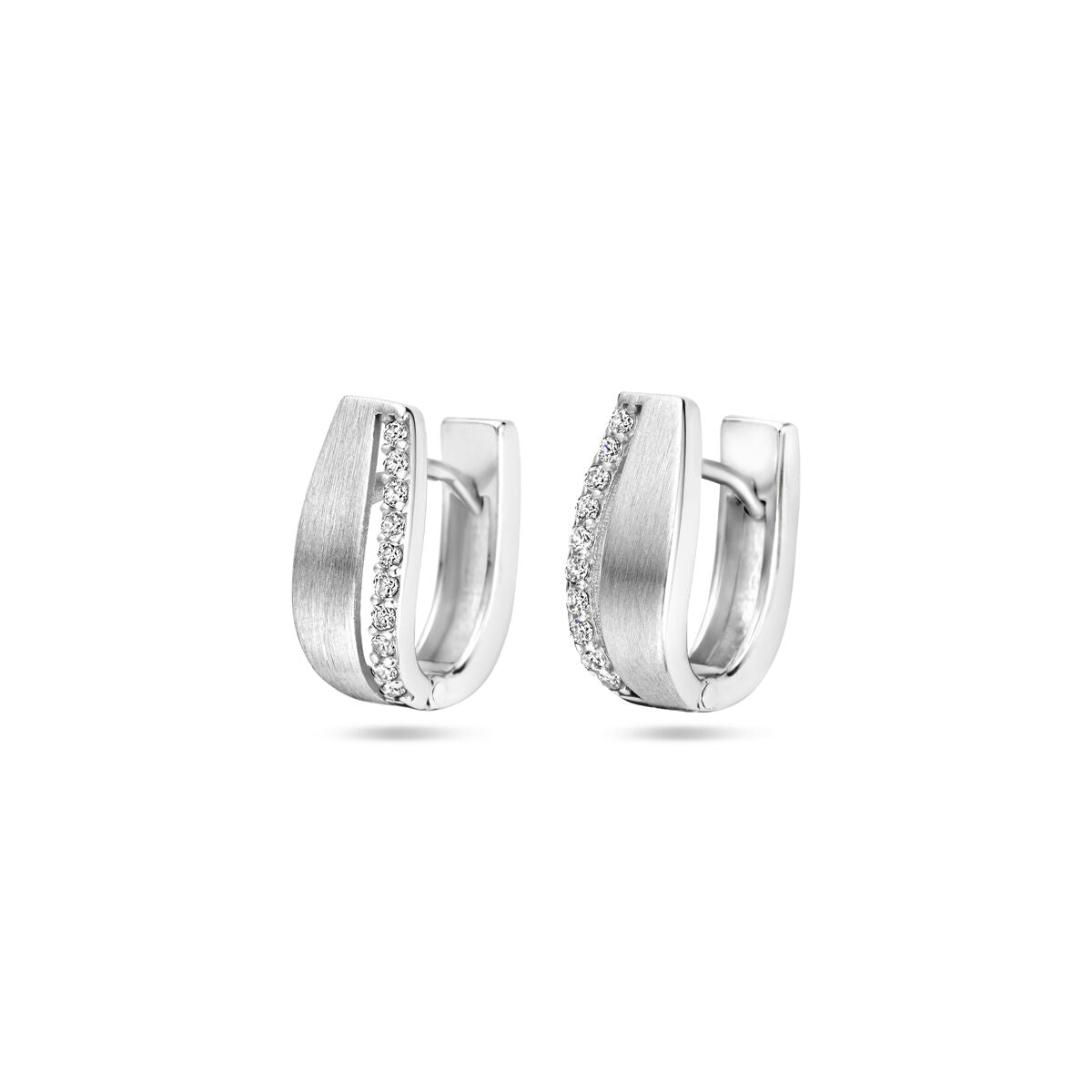 Boucles d'oreilles en argent rhodié poli et mat, ornées de zirconia, de 14 mm.