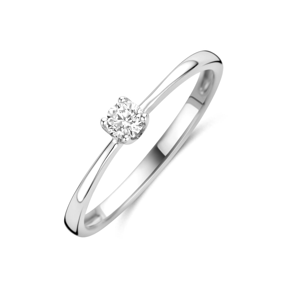 Bague en argent rhodié pour femme avec un zirconia brillant au centre.