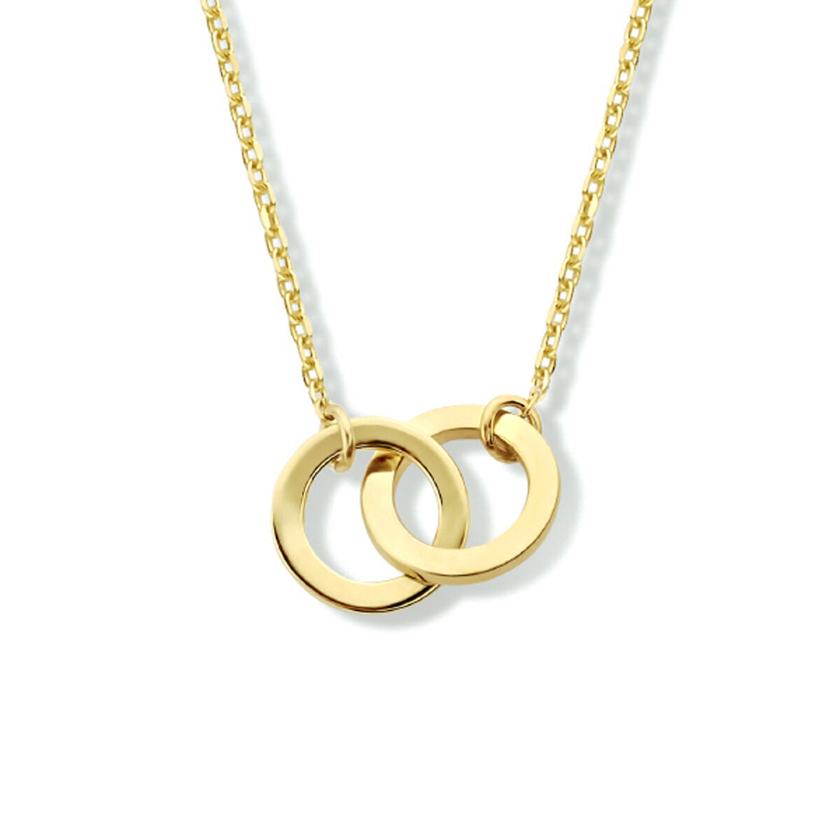 Collier en or jaune 14K avec deux anneaux entrelacés, chaîne délicate.