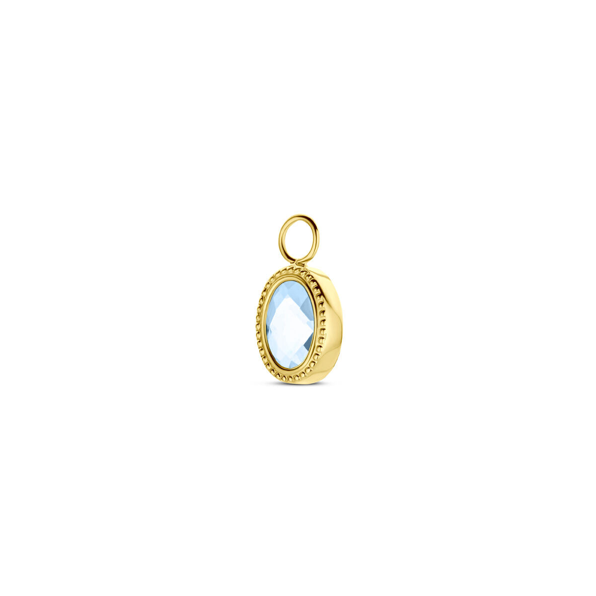 Pendentif en topaze bleue de Londres, monté sur or jaune 14K, avec une finition lisse et un contour texturé.
